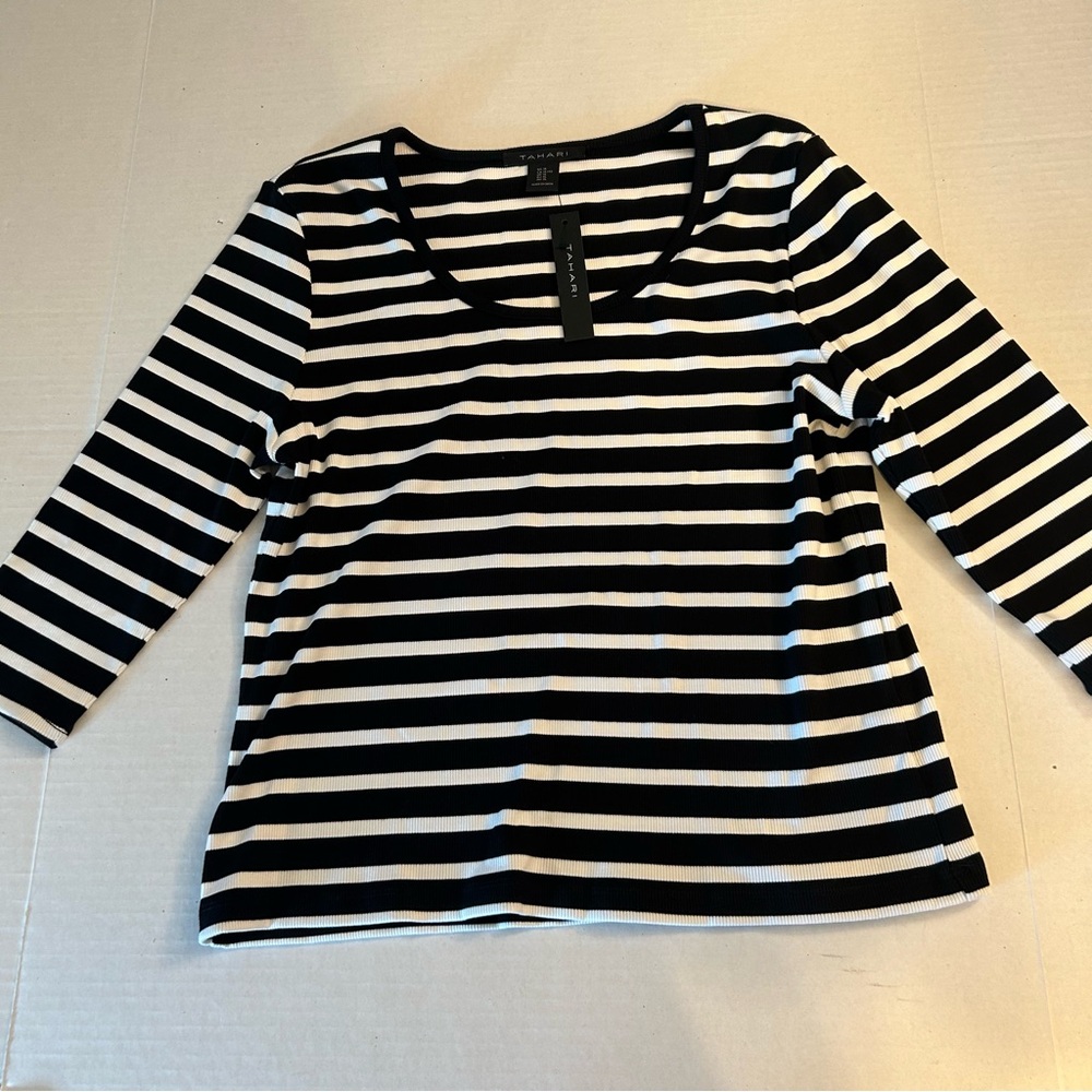 Tahari Black and White Striped Long Sleeve Top Size XL nautical summer